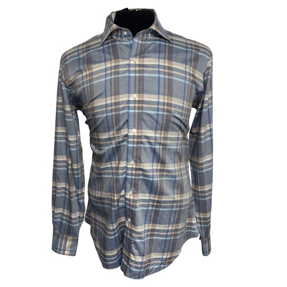 Peter Millar Collection Plaid Button Down Long Sleeve Shirt Medium Blue Beige - Picture 1 of 5
